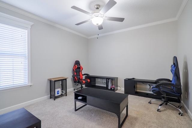 office with ceiling fan, light colored carpet, crown molding, and a wealth of natural light