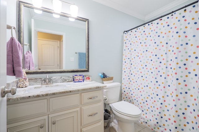 bathroom featuring ornamental molding, vanity, tile patterned flooring, toilet, and curtained shower