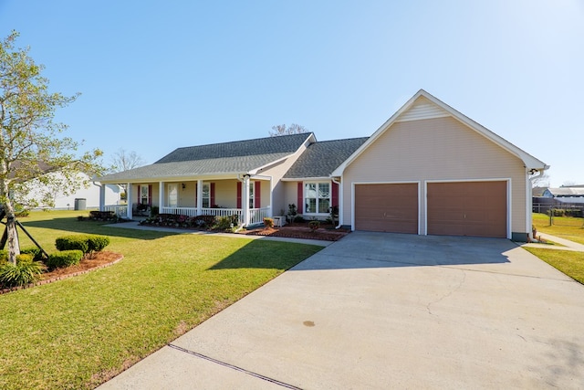 ranch-style house with a garage, covered porch, concrete driveway, and a front lawn