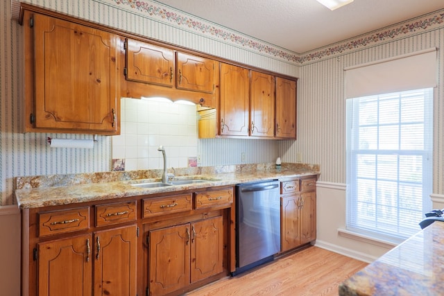 kitchen featuring wallpapered walls, brown cabinets, stainless steel dishwasher, and a sink