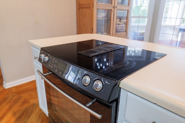 interior details featuring hardwood / wood-style flooring and black electric range