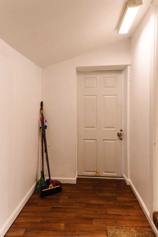 interior space featuring dark wood-style floors, lofted ceiling, and baseboards