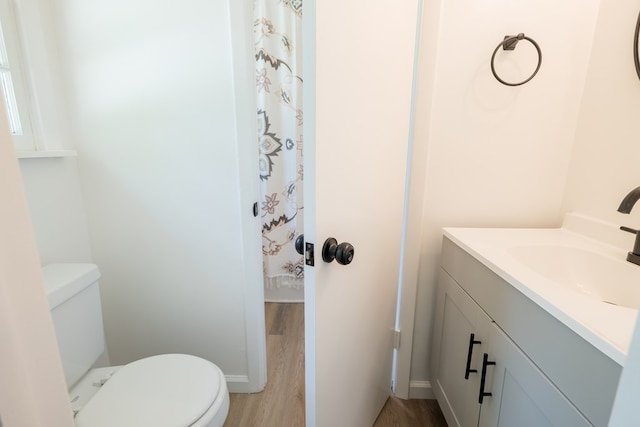 bathroom with wood-type flooring, vanity, and toilet