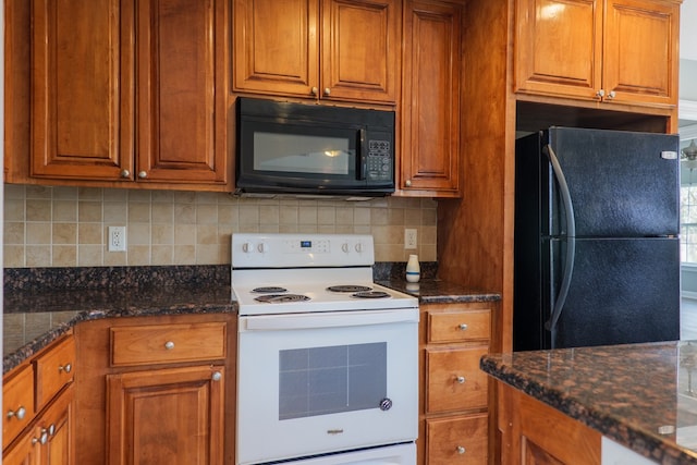 kitchen featuring black appliances, brown cabinetry, and decorative backsplash