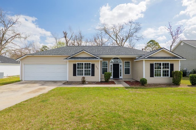 single story home with a garage, driveway, roof with shingles, and a front yard