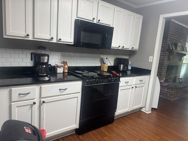 kitchen featuring ornamental molding, decorative backsplash, dark countertops, dark wood-style floors, and black appliances