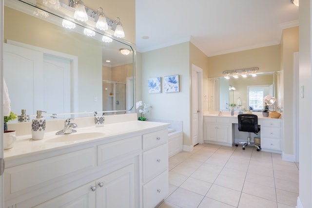 bathroom featuring ornamental molding, vanity, tile patterned floors, and independent shower and bath
