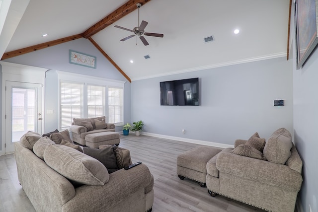 living room with ceiling fan, high vaulted ceiling, beam ceiling, and light hardwood / wood-style flooring