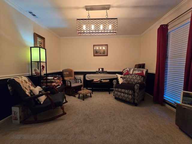 interior space with crown molding, carpet flooring, and a chandelier