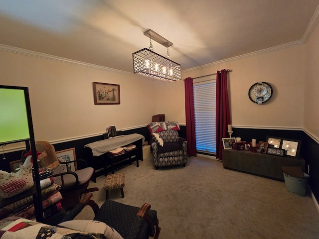 carpeted bedroom with ornamental molding and a chandelier