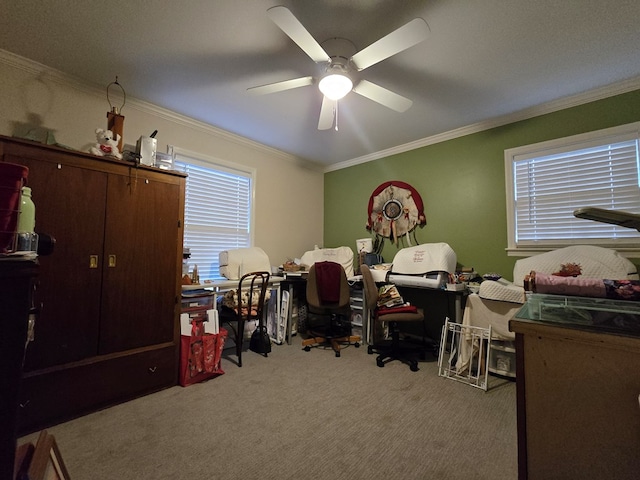 office space featuring crown molding, light carpet, and ceiling fan