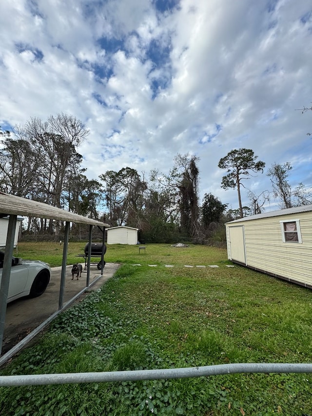 view of yard with a storage shed and an outbuilding