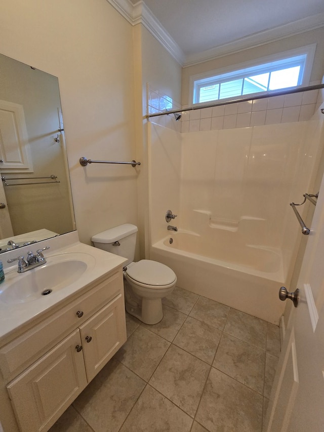 full bathroom featuring shower / bathtub combination, tile patterned flooring, vanity, toilet, and crown molding