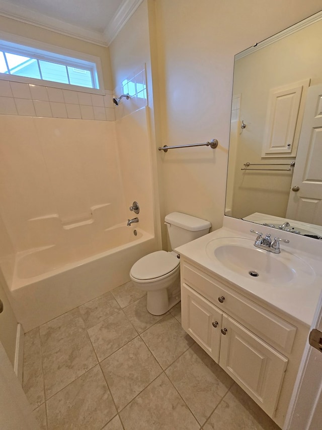 full bathroom featuring crown molding, washtub / shower combination, tile patterned flooring, vanity, and toilet