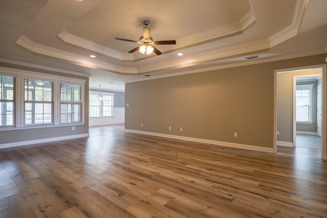 spare room featuring a raised ceiling and crown molding