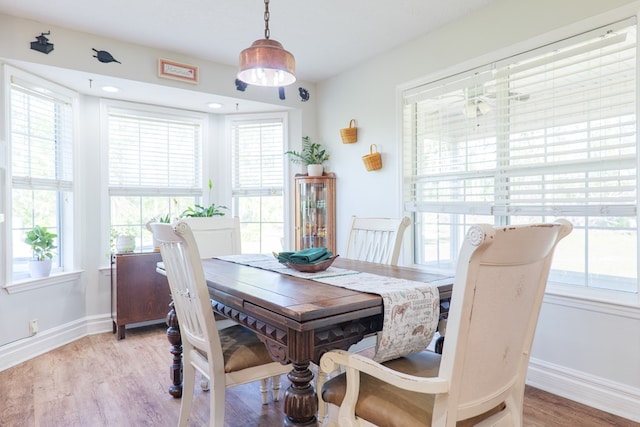 dining space featuring a healthy amount of sunlight, light wood finished floors, and baseboards
