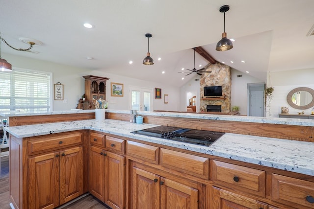 kitchen featuring brown cabinetry, a healthy amount of sunlight, and black electric cooktop