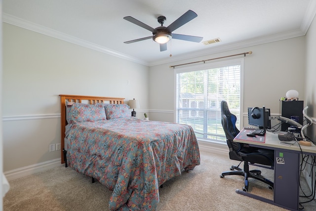 bedroom with crown molding, baseboards, visible vents, and carpet floors