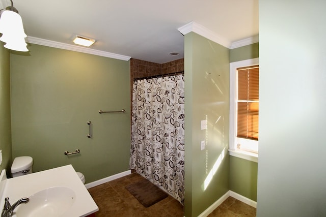 bathroom featuring tile patterned floors, ornamental molding, toilet, and a shower with shower curtain