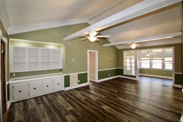 unfurnished living room with dark wood-type flooring, ornamental molding, lofted ceiling, and ceiling fan