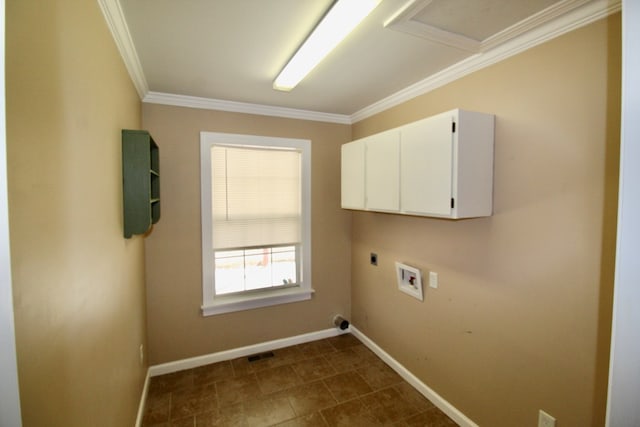 laundry room featuring cabinets, washer hookup, hookup for an electric dryer, and ornamental molding