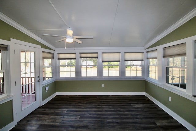 unfurnished sunroom featuring lofted ceiling and ceiling fan