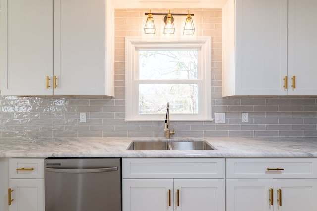 kitchen featuring a sink, white cabinetry, and stainless steel dishwasher