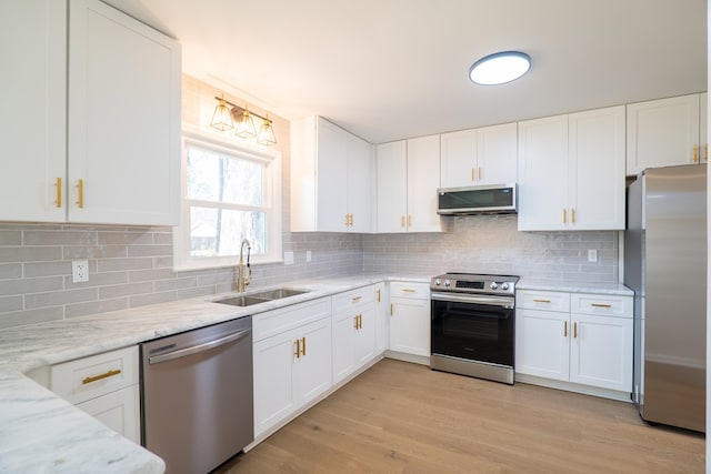 kitchen with appliances with stainless steel finishes, white cabinetry, light wood-style floors, and a sink