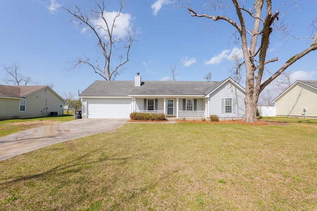 single story home with a chimney, covered porch, concrete driveway, an attached garage, and a front yard