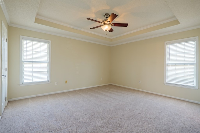 empty room with a textured ceiling, light carpet, a ceiling fan, ornamental molding, and a raised ceiling