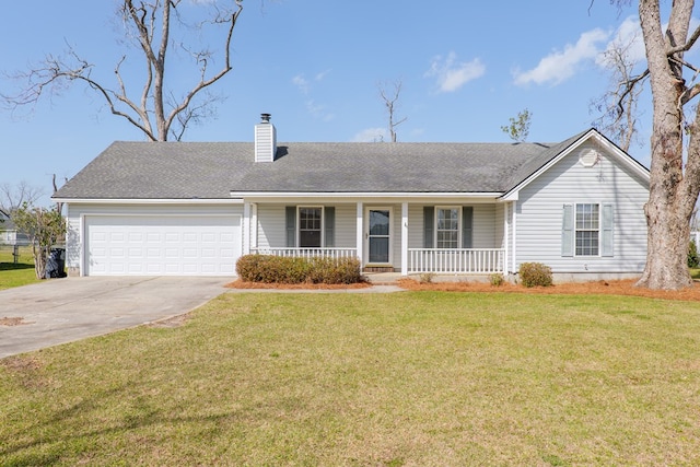 single story home with driveway, a chimney, an attached garage, a porch, and a front yard