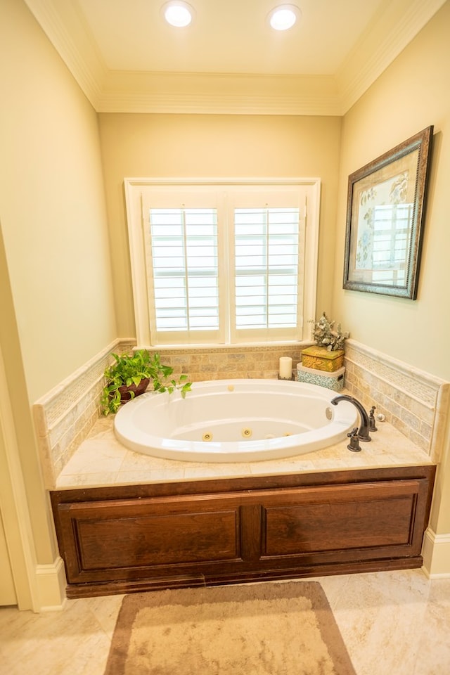 4059 Live Oaks Cir, Valdosta, GA 31601 - full bath with a whirlpool tub, ornamental molding, and tile patterned flooring