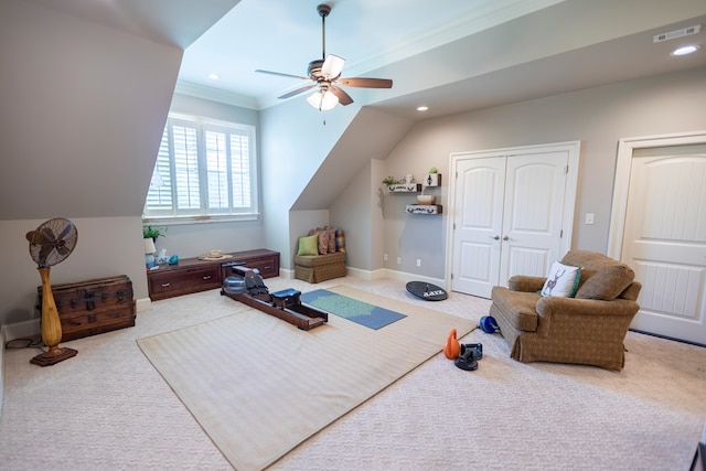 4059 Live Oaks Cir, Valdosta, GA 31601 - workout room with carpet floors, a ceiling fan, ornamental molding, recessed lighting, and vaulted ceiling