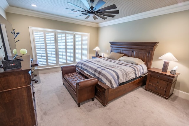 4059 Live Oaks Cir, Valdosta, GA 31601 - bedroom with light colored carpet, ornamental molding, ceiling fan, and recessed lighting