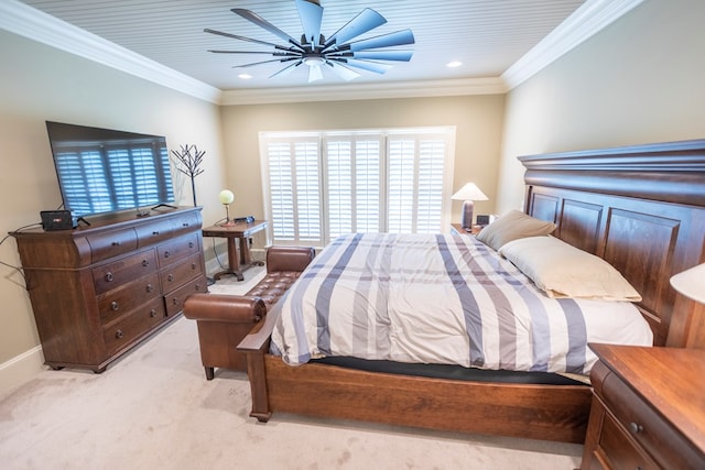 4059 Live Oaks Cir, Valdosta, GA 31601 - bedroom featuring light carpet, ornamental molding, a ceiling fan, and recessed lighting
