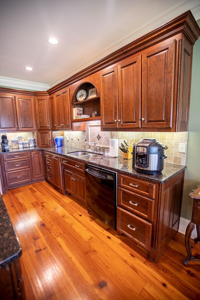4059 Live Oaks Cir, Valdosta, GA 31601 - kitchen featuring black dishwasher, light wood-style floors, open shelves, backsplash, and crown molding