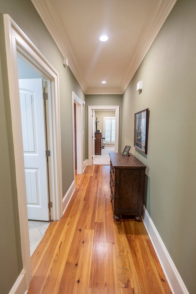4059 Live Oaks Cir, Valdosta, GA 31601 - hallway with crown molding, recessed lighting, and light wood-type flooring