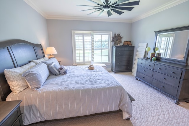 4059 Live Oaks Cir, Valdosta, GA 31601 - bedroom with light colored carpet, crown molding, multiple windows, and a ceiling fan