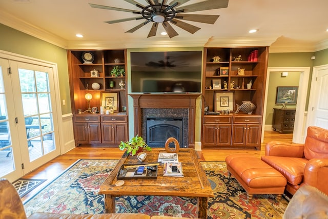 4059 Live Oaks Cir, Valdosta, GA 31601 - living area featuring ceiling fan, ornamental molding, light wood finished floors, a high end fireplace, and recessed lighting