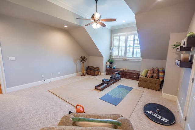 4059 Live Oaks Cir, Valdosta, GA 31601 - workout room with ceiling fan, ornamental molding, carpet flooring, and recessed lighting