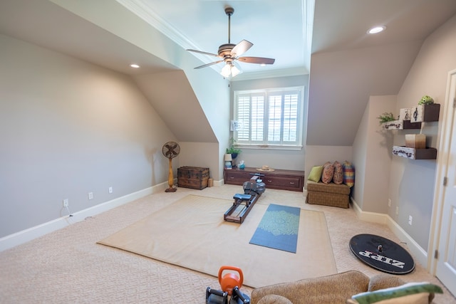4059 Live Oaks Cir, Valdosta, GA 31601 - workout room featuring ceiling fan, lofted ceiling, carpet, crown molding, and recessed lighting