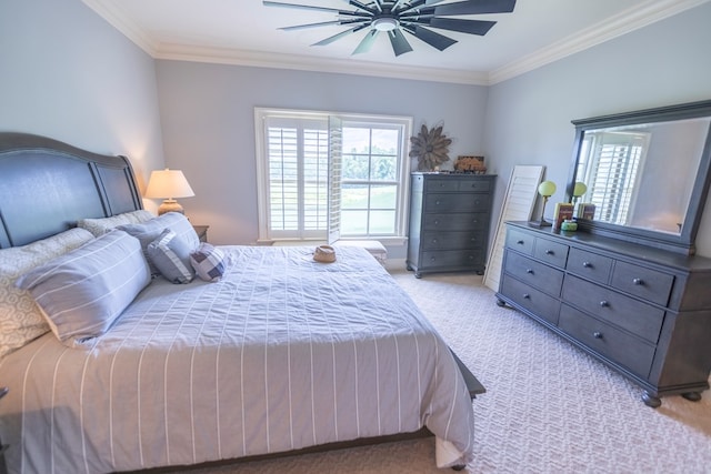 4059 Live Oaks Cir, Valdosta, GA 31601 - bedroom featuring light carpet, ornamental molding, and a ceiling fan