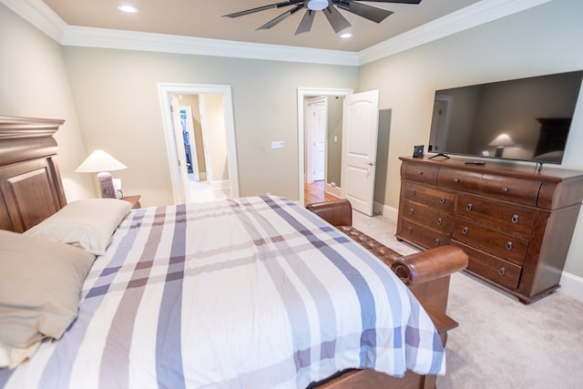 4059 Live Oaks Cir, Valdosta, GA 31601 - bedroom with light carpet, recessed lighting, ornamental molding, and a ceiling fan