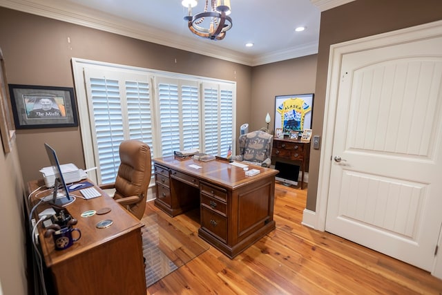4059 Live Oaks Cir, Valdosta, GA 31601 - office area with a chandelier, light wood finished floors, crown molding, and recessed lighting