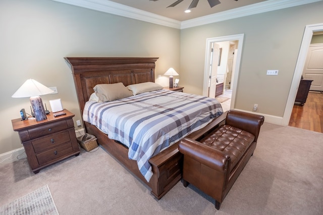 4059 Live Oaks Cir, Valdosta, GA 31601 - bedroom with crown molding, light colored carpet, recessed lighting, ensuite bathroom, and a ceiling fan