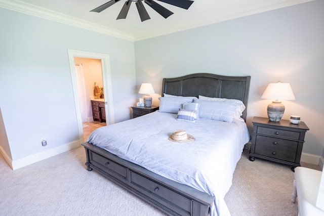 4059 Live Oaks Cir, Valdosta, GA 31601 - bedroom with light carpet, ornamental molding, ensuite bath, and a ceiling fan