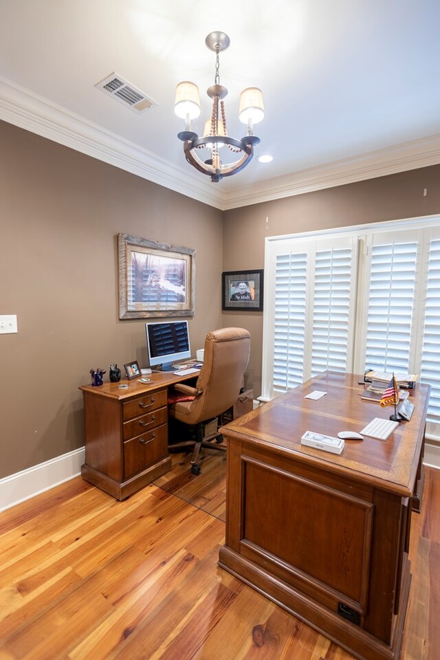 4059 Live Oaks Cir, Valdosta, GA 31601 - office with a chandelier, ornamental molding, light wood-style flooring, and recessed lighting