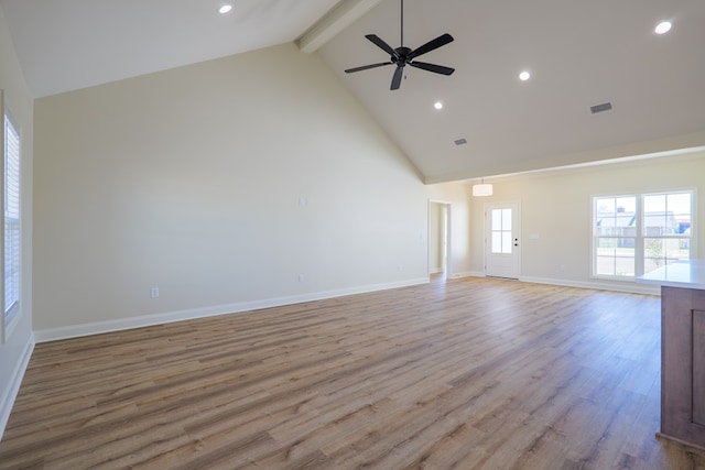 unfurnished living room featuring beam ceiling, light wood finished floors, visible vents, high vaulted ceiling, and baseboards