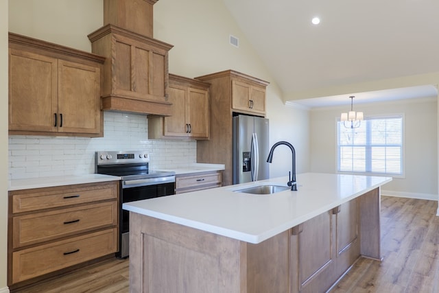 kitchen with visible vents, a sink, stainless steel appliances, light wood-type flooring, and backsplash