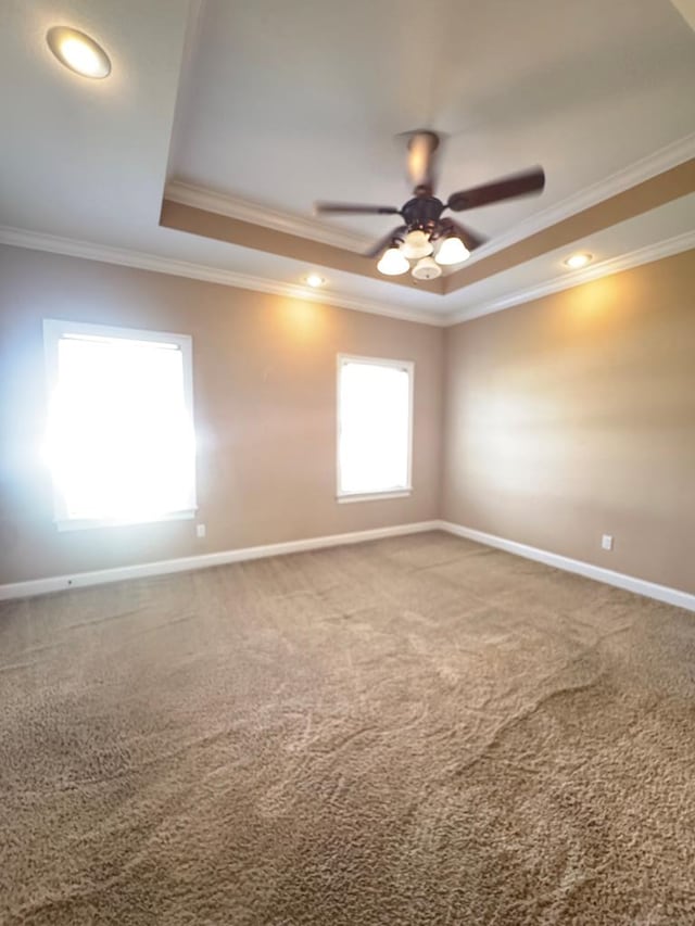 carpeted spare room featuring a tray ceiling, crown molding, baseboards, and ceiling fan